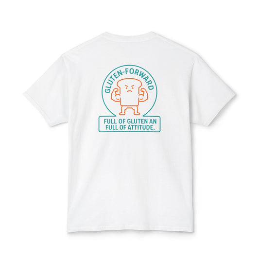 “Gluten Forward” on BACK Tee - Nunya Café on Front