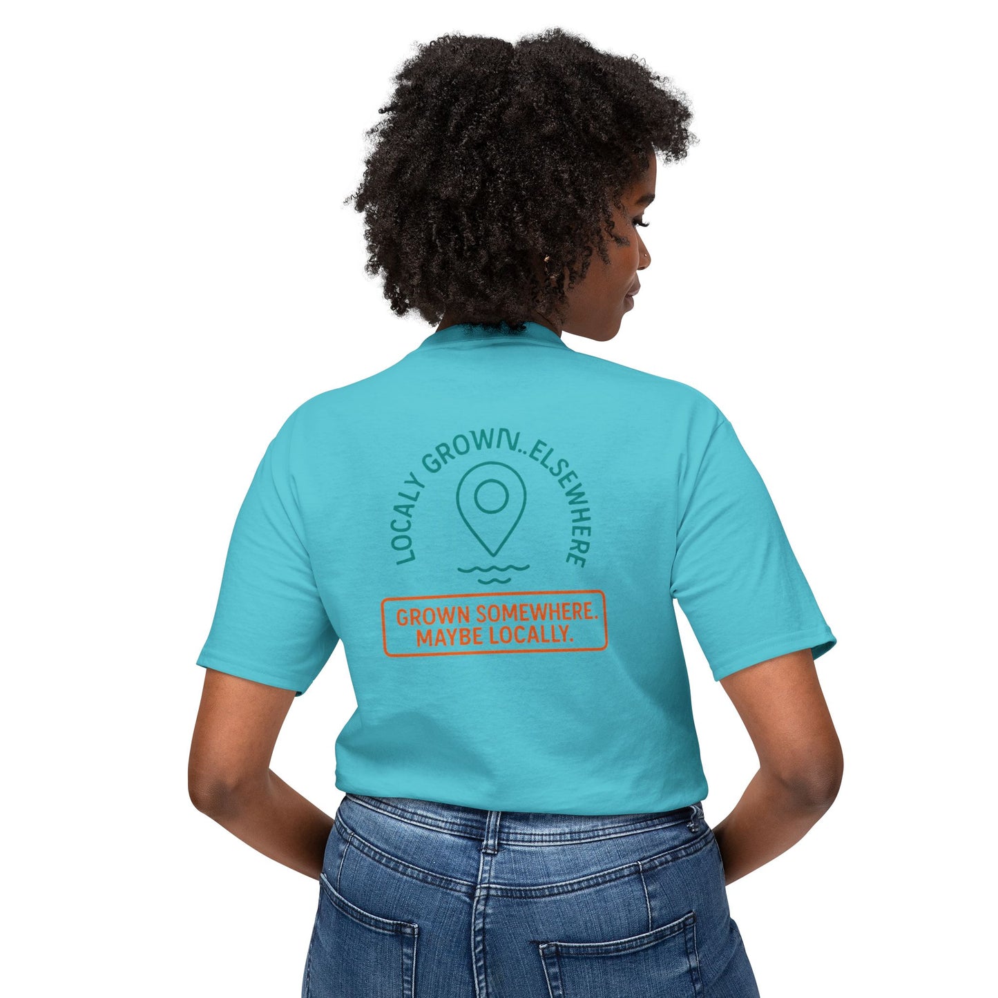 "Locally Grown” on BACK Tee - Nunya Café on Front
