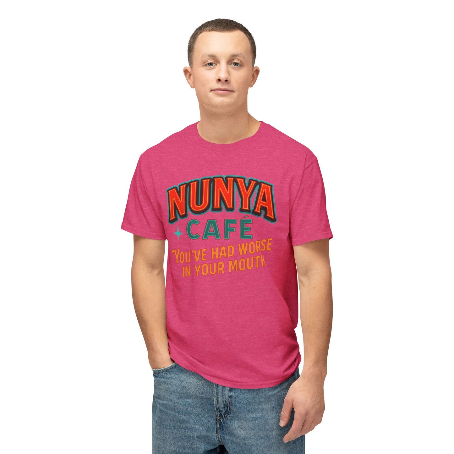 "Locally Grown” on BACK Tee - Nunya Café on Front