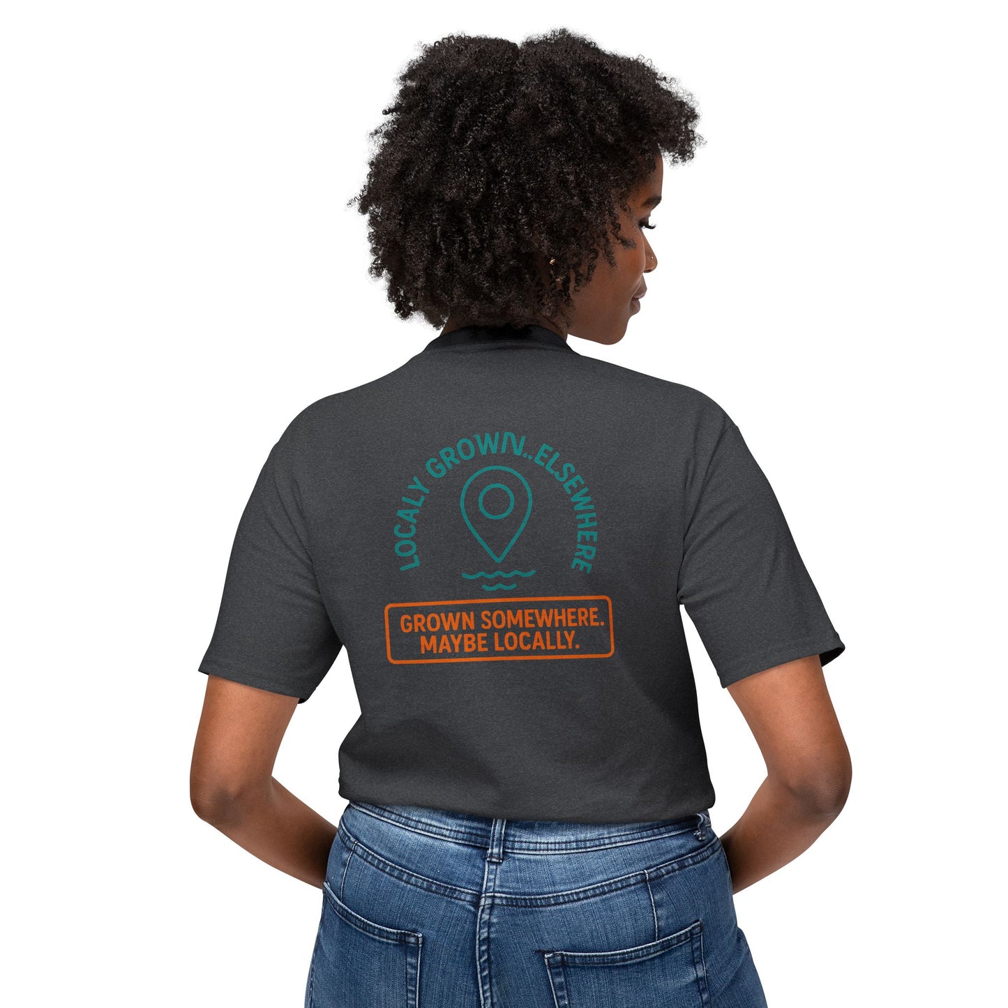 "Locally Grown” on BACK Tee - Nunya Café on Front