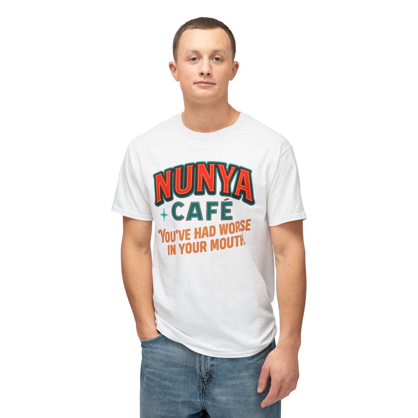 "Locally Grown” on BACK Tee - Nunya Café on Front
