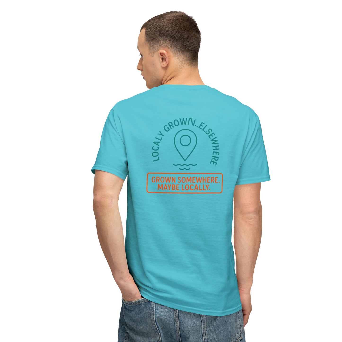 "Locally Grown” on BACK Tee - Nunya Café on Front