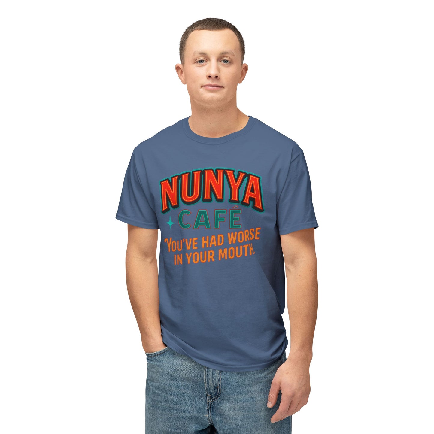 "Locally Grown” on BACK Tee - Nunya Café on Front