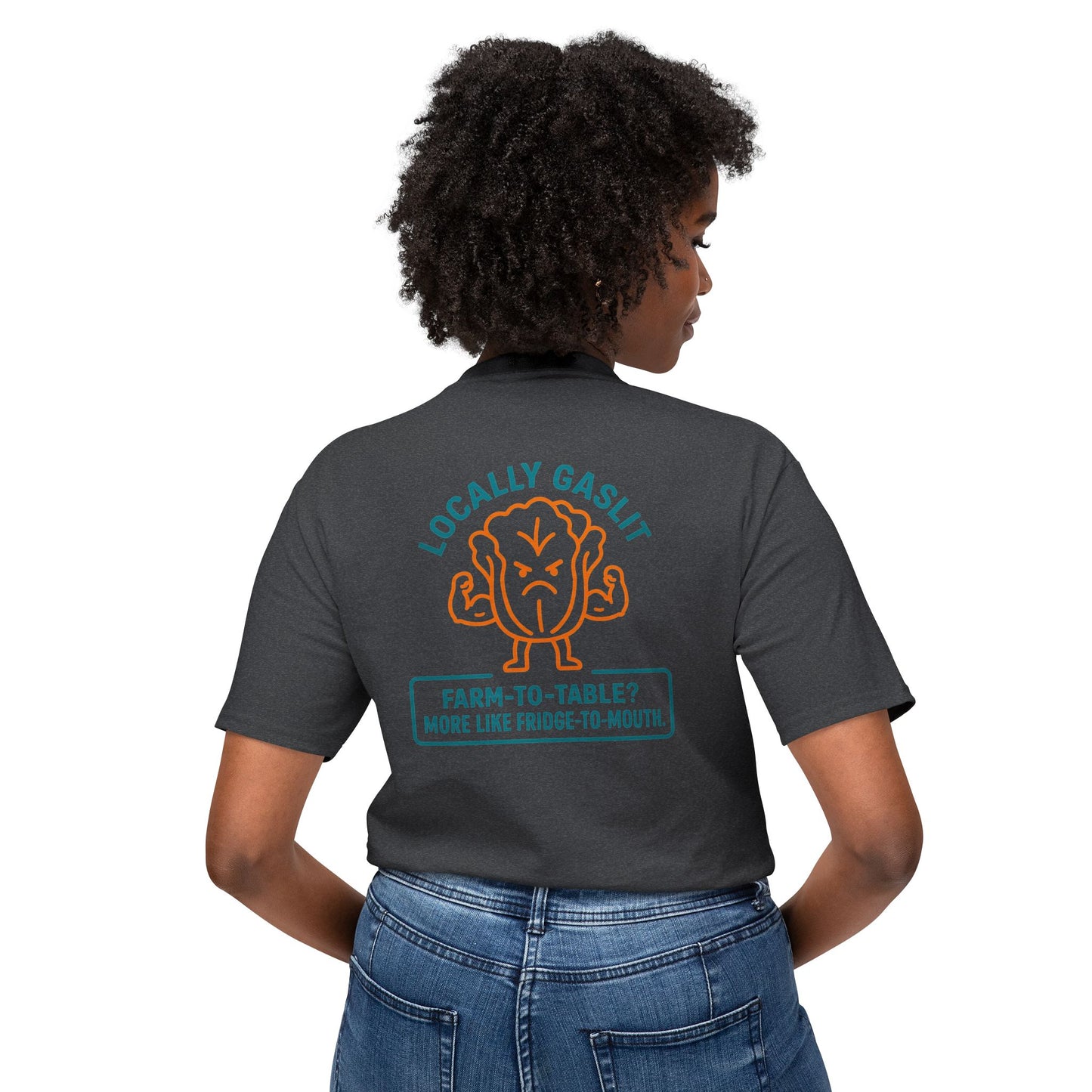 "Locally Gaslit” on BACK Tee - Nunya Café on Front