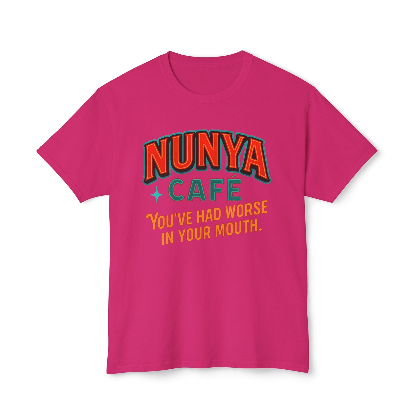 "Locally Grown” on BACK Tee - Nunya Café on Front