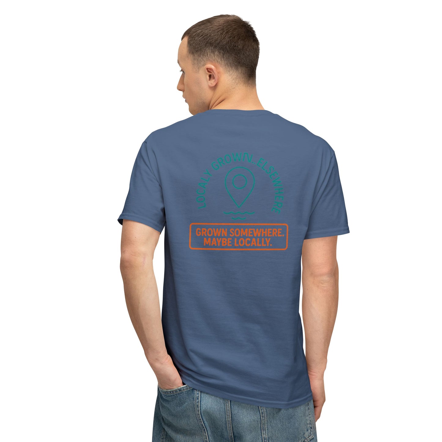 "Locally Grown” on BACK Tee - Nunya Café on Front