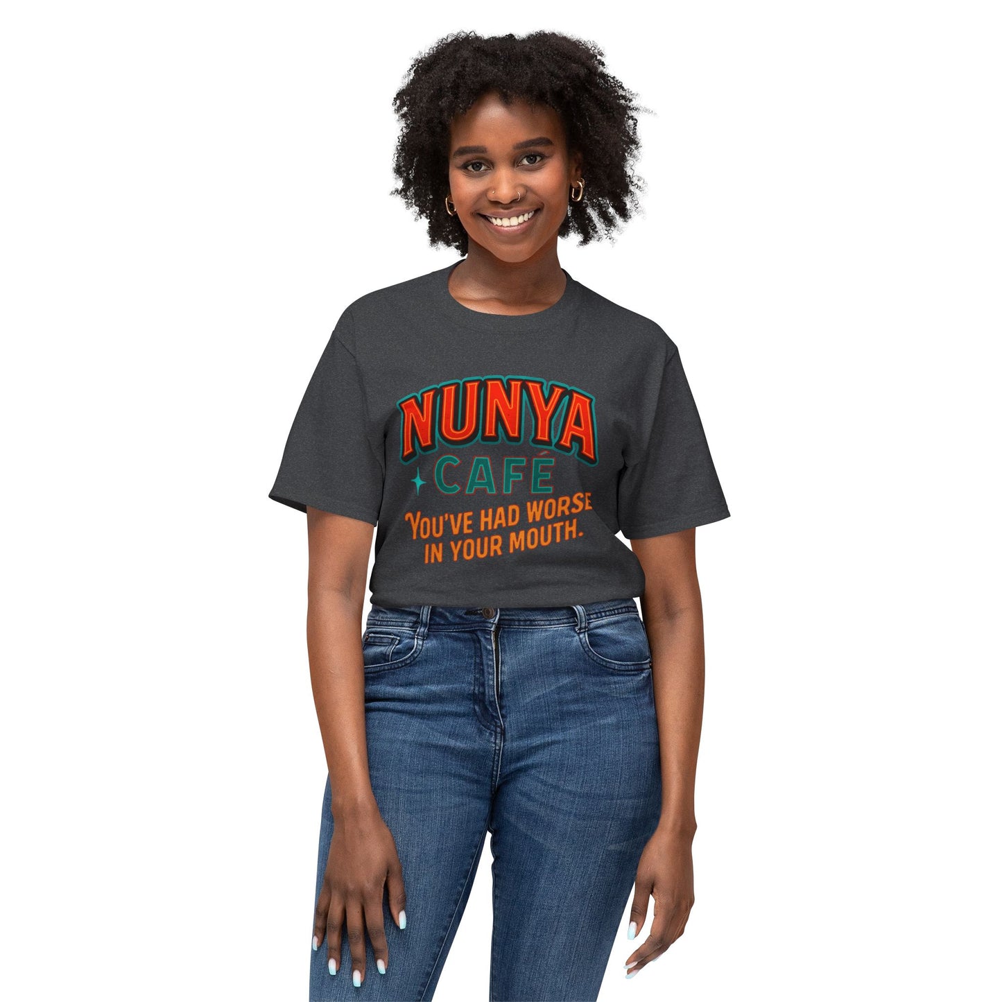 "Locally Grown” on BACK Tee - Nunya Café on Front