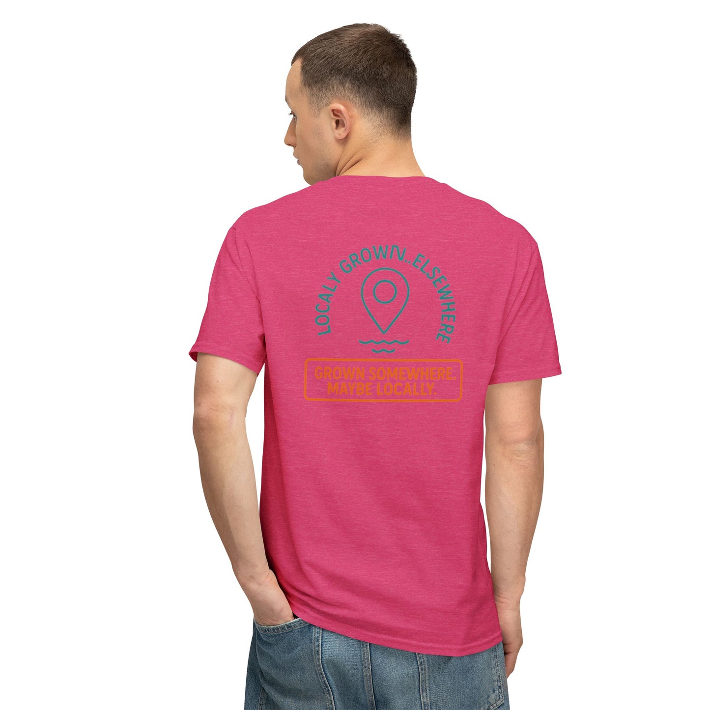"Locally Grown” on BACK Tee - Nunya Café on Front