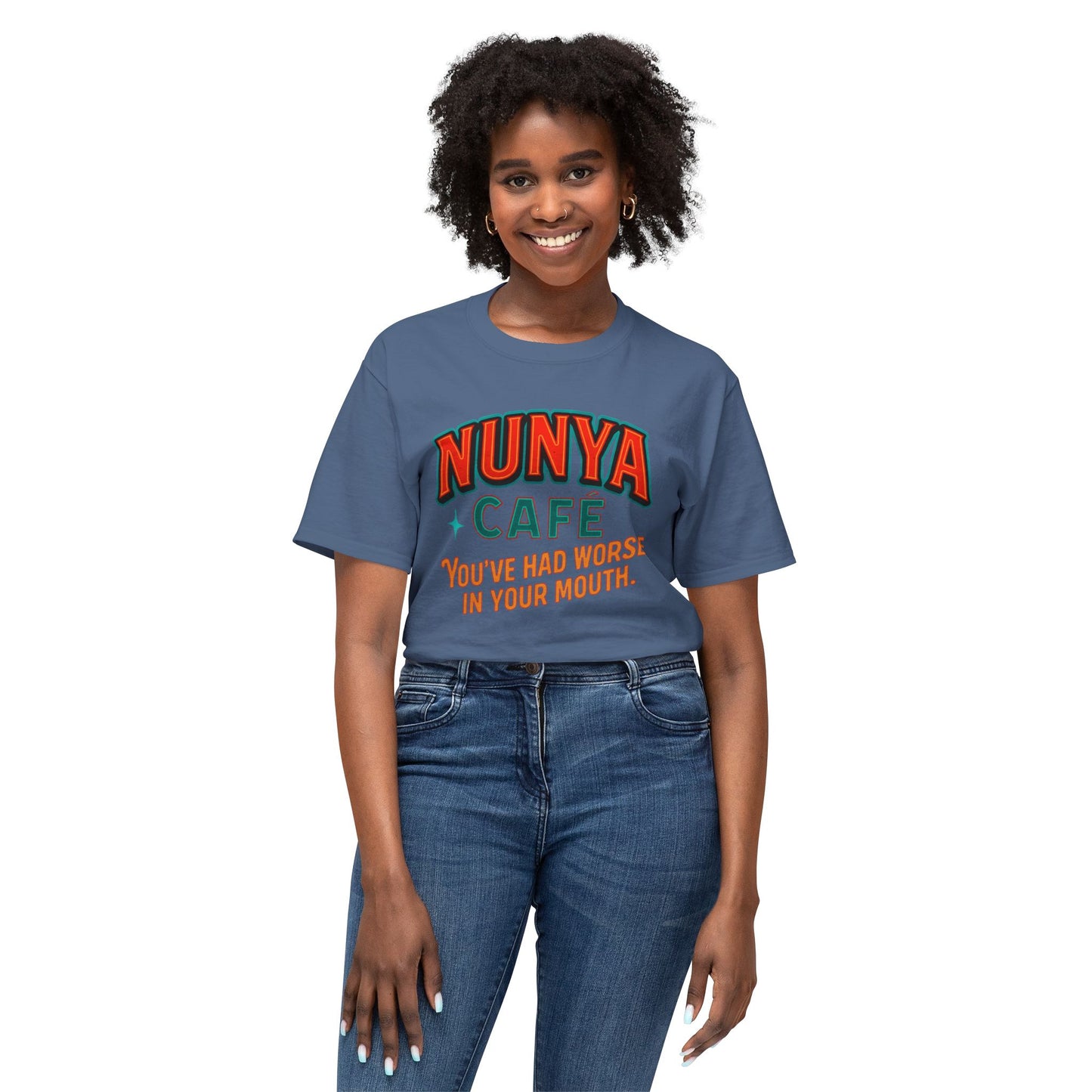"Locally Grown” on BACK Tee - Nunya Café on Front