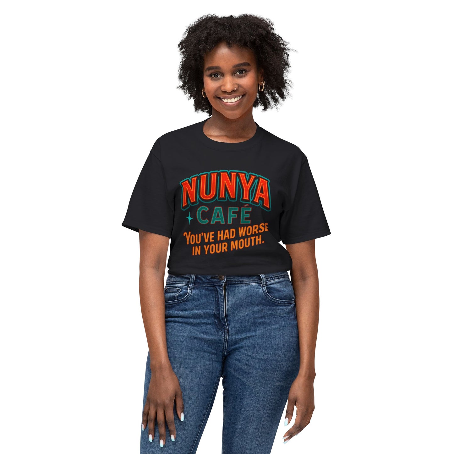 "Locally Grown” on BACK Tee - Nunya Café on Front