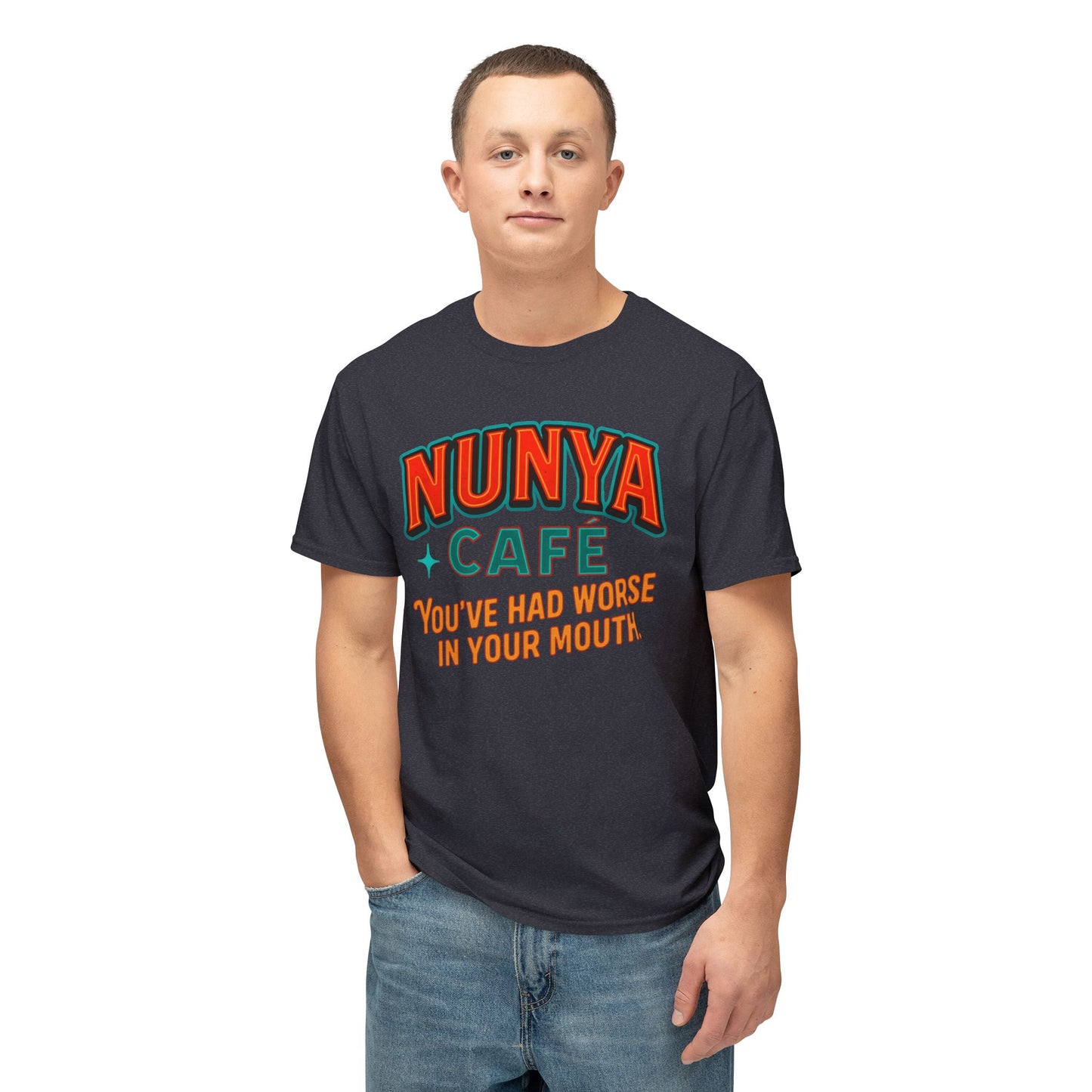 "Locally Grown” on BACK Tee - Nunya Café on Front