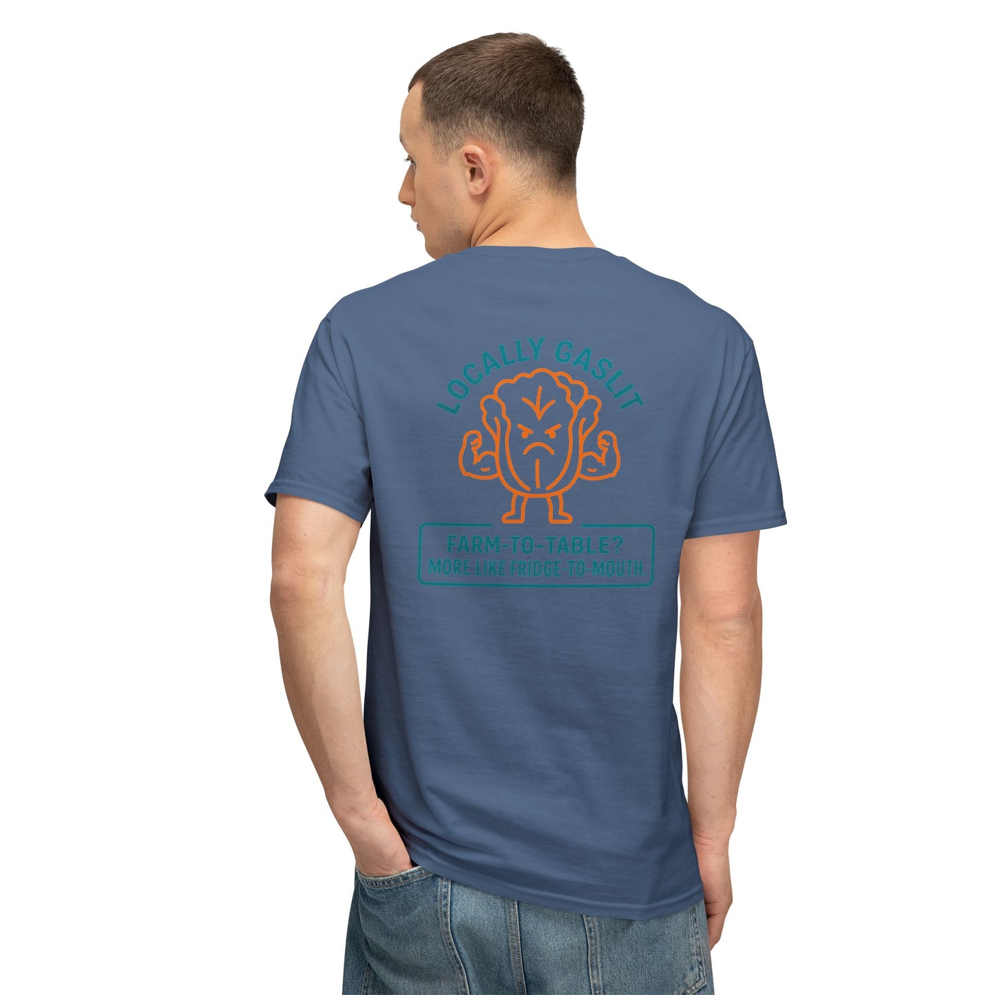 "Locally Gaslit” on BACK Tee - Nunya Café on Front