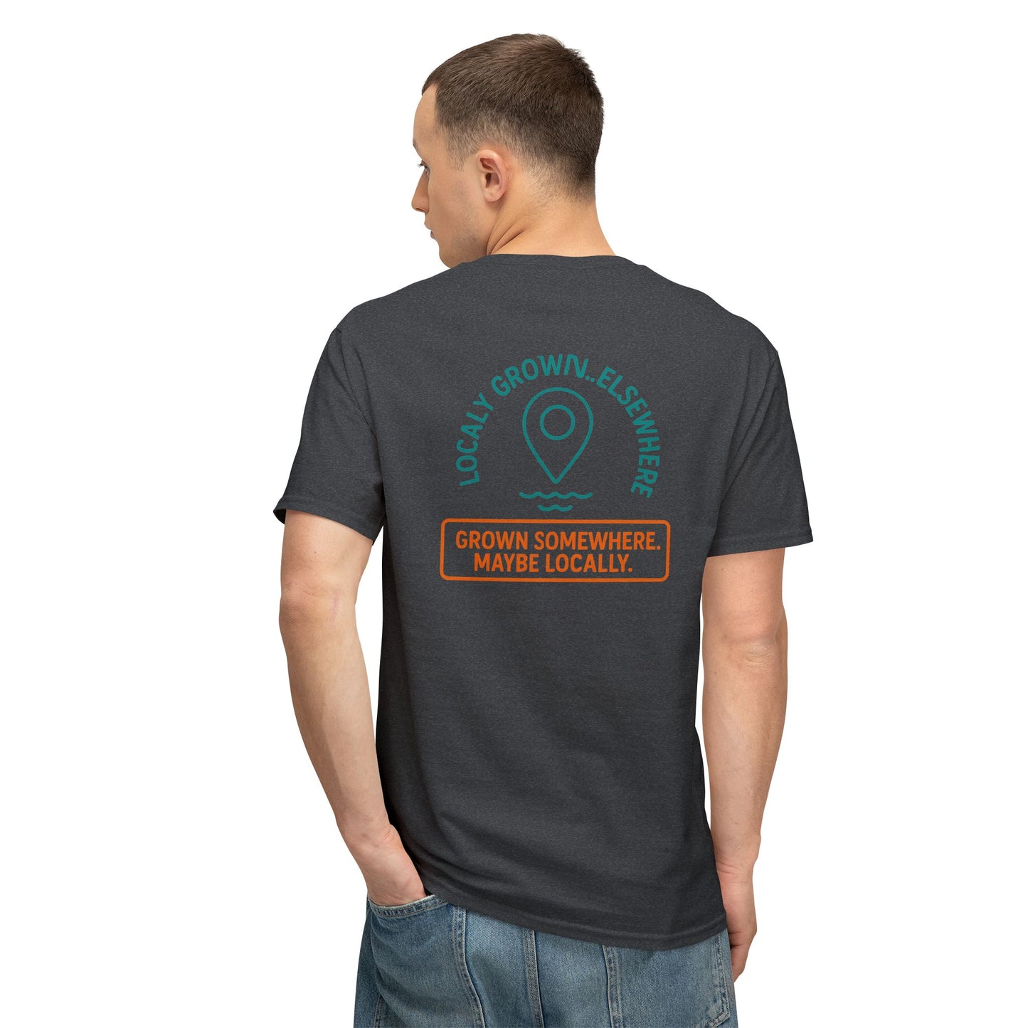 "Locally Grown” on BACK Tee - Nunya Café on Front