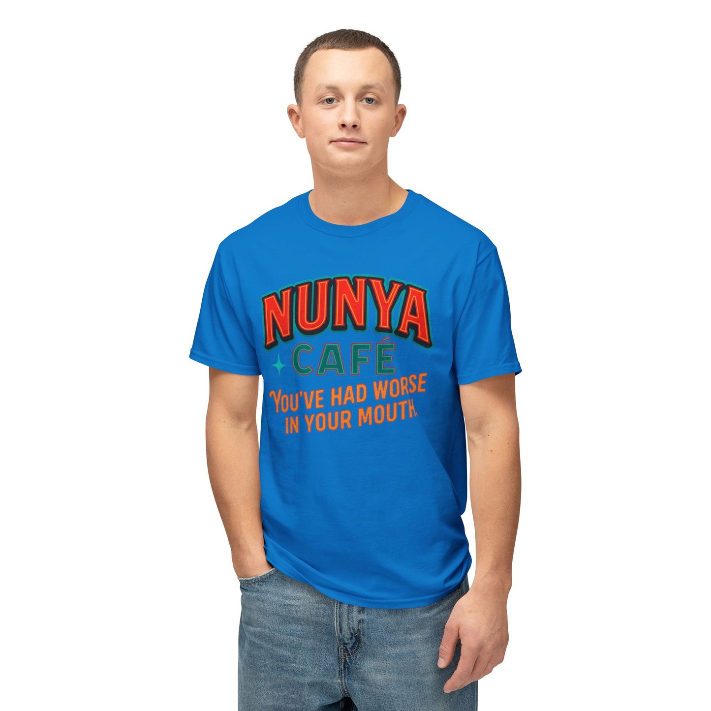 "Locally Grown” on BACK Tee - Nunya Café on Front