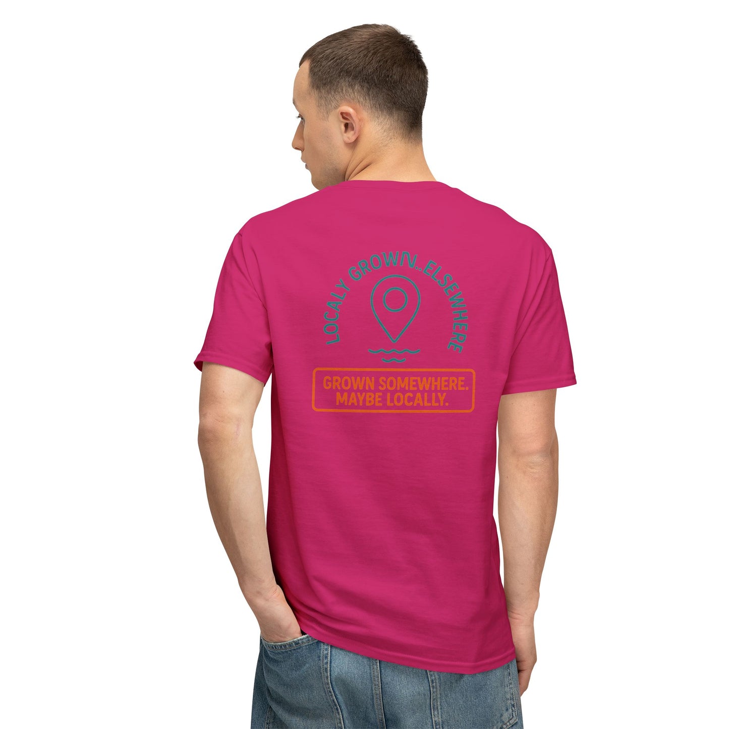 "Locally Grown” on BACK Tee - Nunya Café on Front