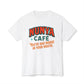 "Locally Grown” on BACK Tee - Nunya Café on Front