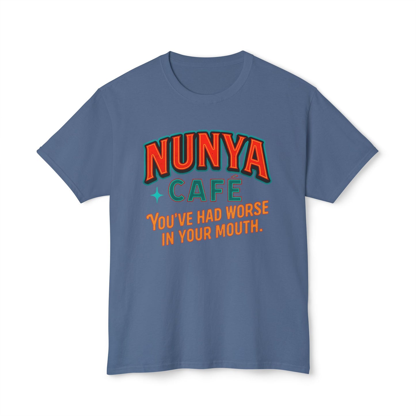 "Locally Grown” on BACK Tee - Nunya Café on Front