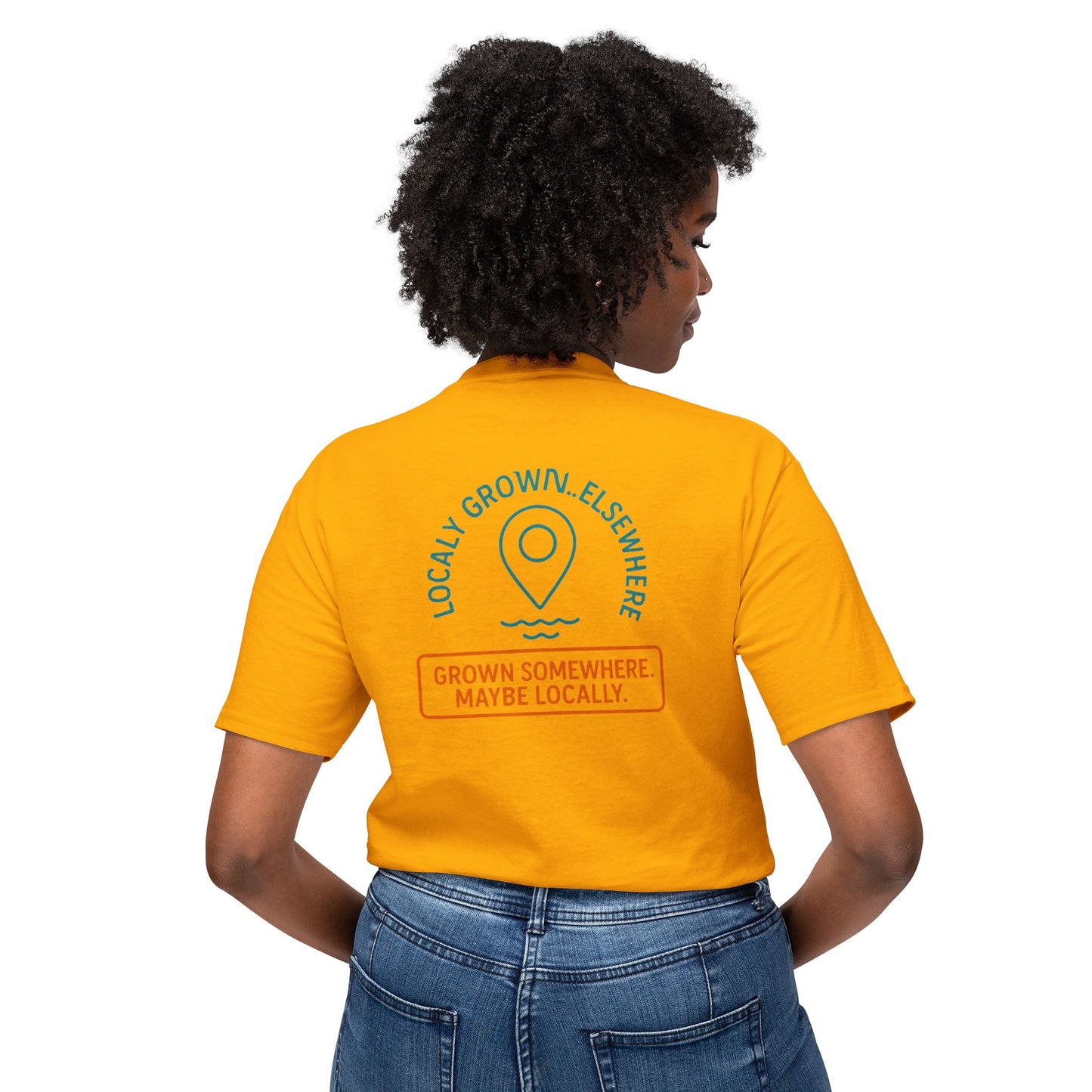 "Locally Grown” on BACK Tee - Nunya Café on Front
