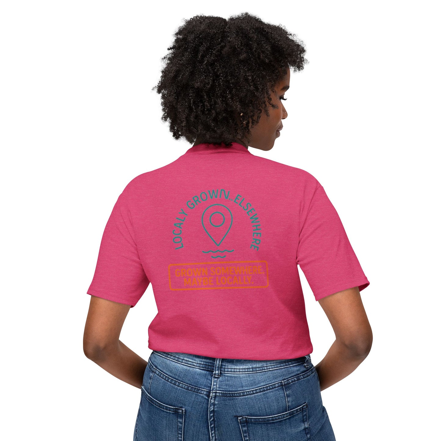 "Locally Grown” on BACK Tee - Nunya Café on Front