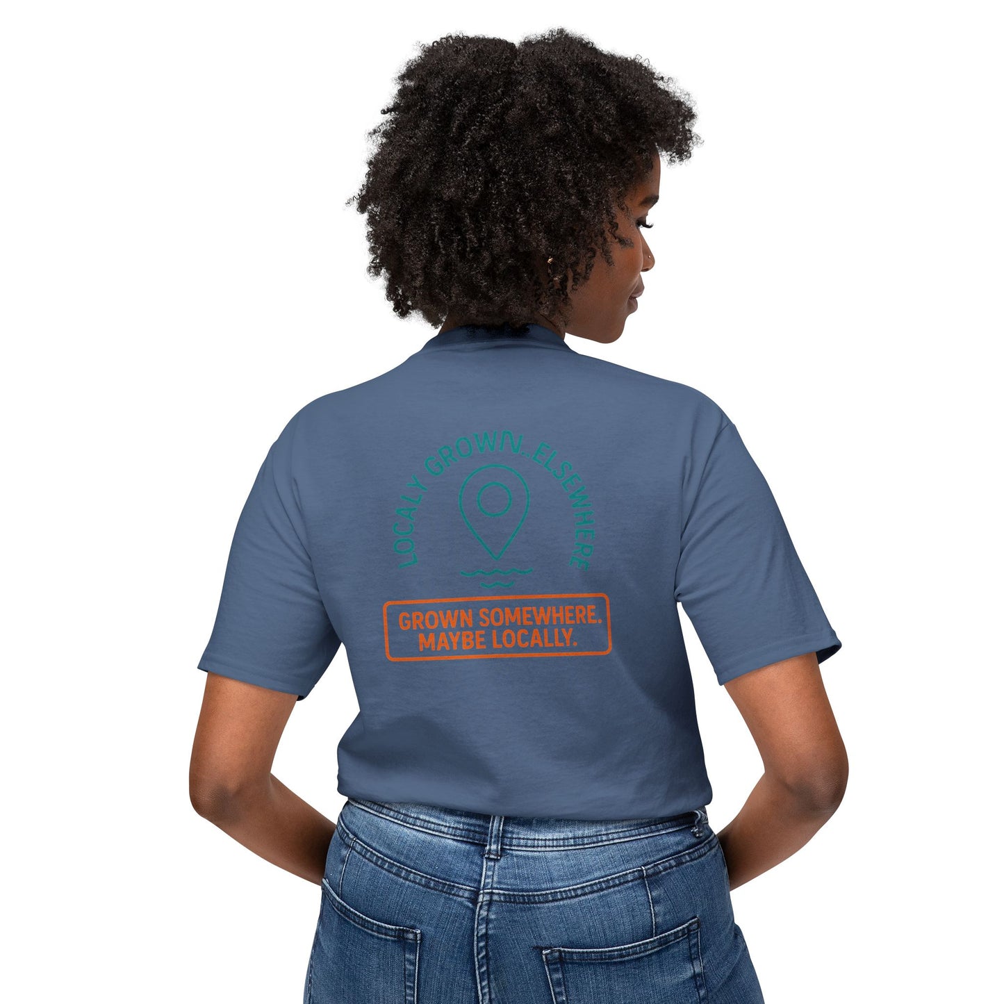 "Locally Grown” on BACK Tee - Nunya Café on Front