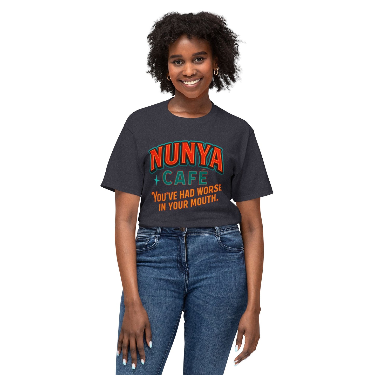 "Locally Grown” on BACK Tee - Nunya Café on Front
