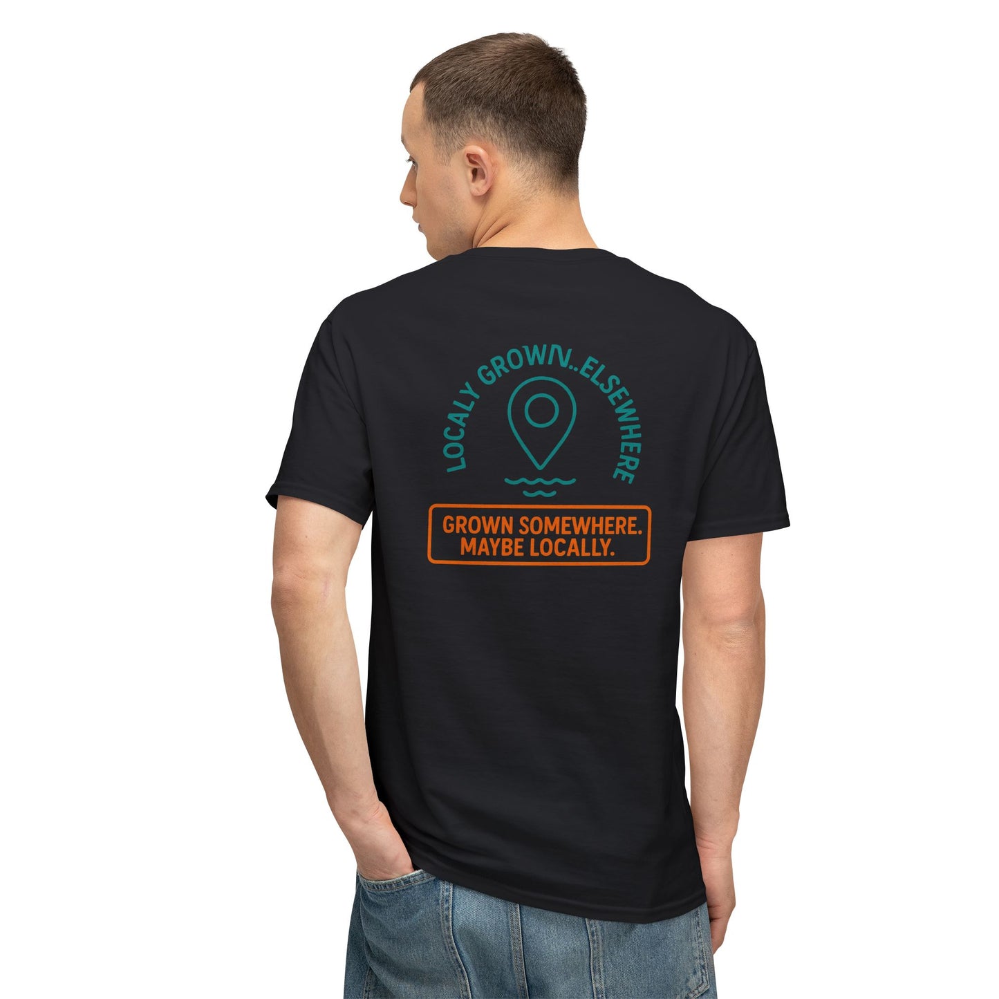 "Locally Grown” on BACK Tee - Nunya Café on Front