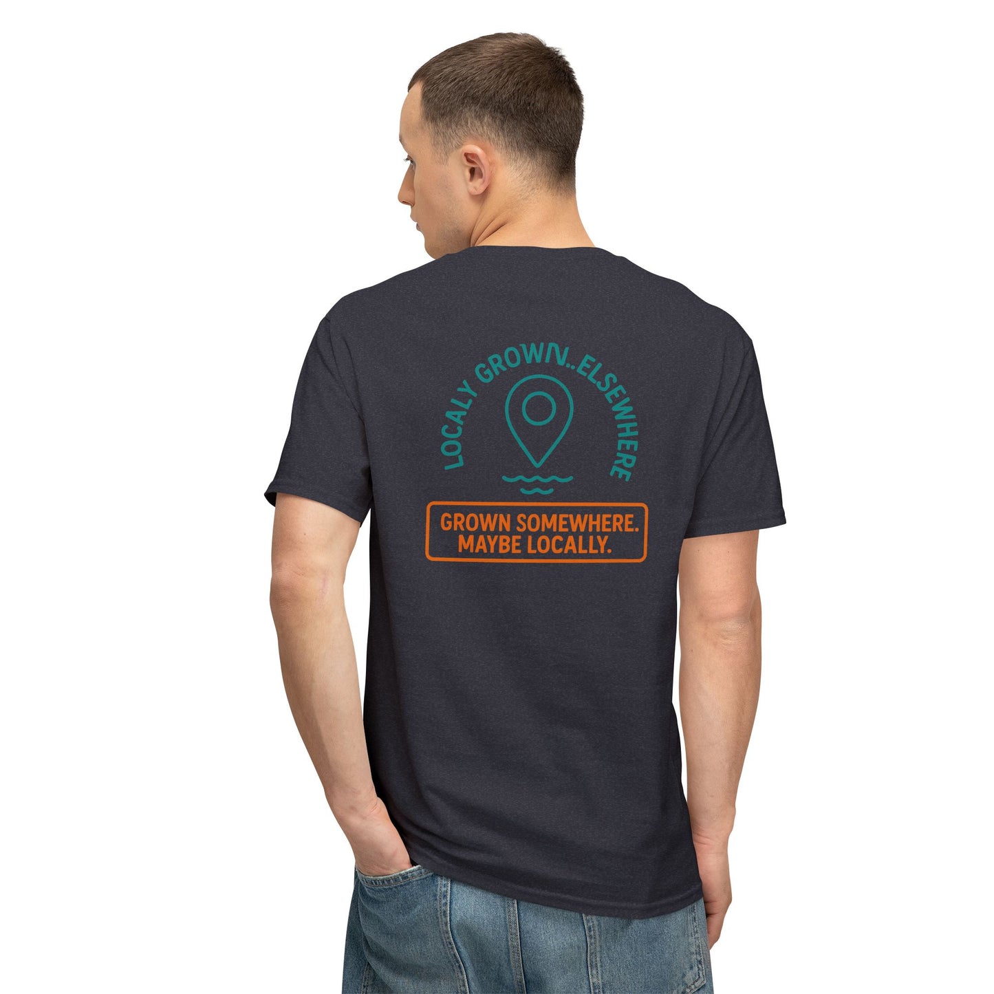 "Locally Grown” on BACK Tee - Nunya Café on Front