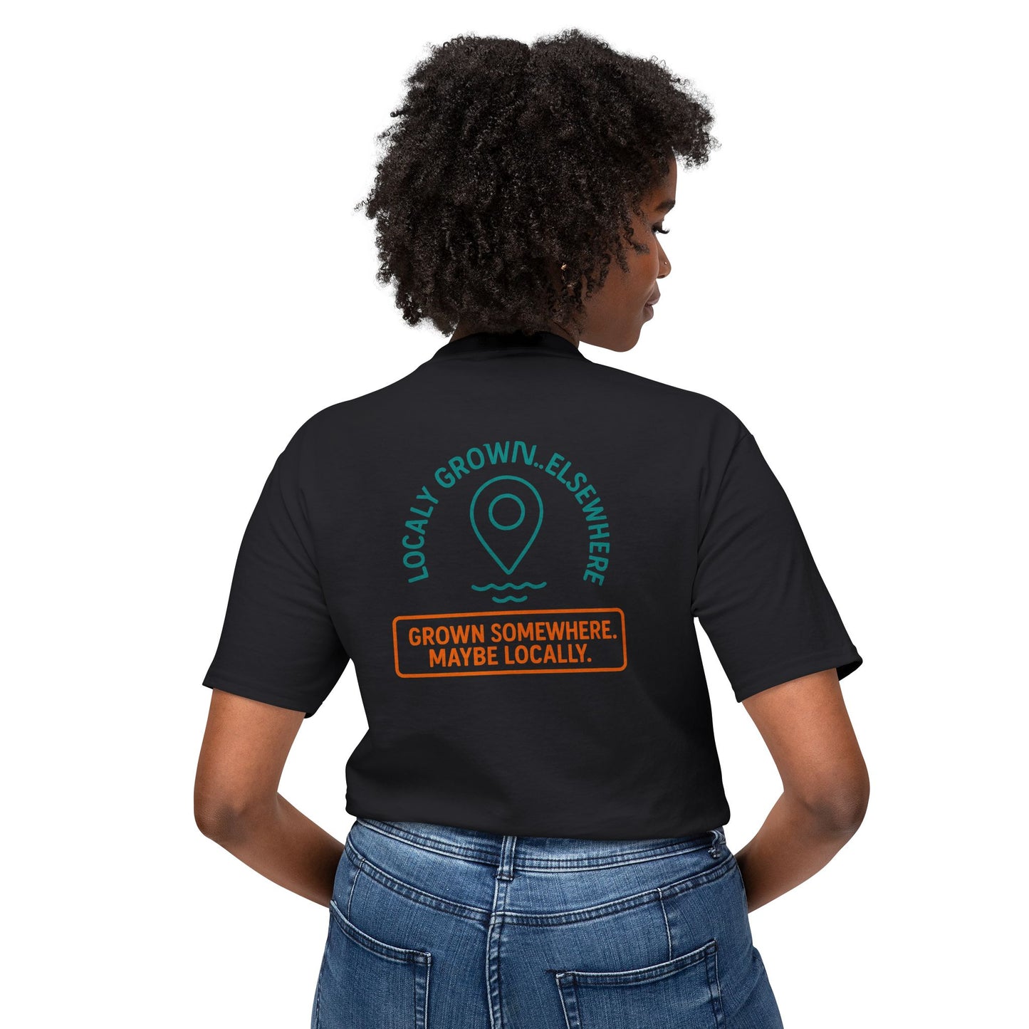 "Locally Grown” on BACK Tee - Nunya Café on Front