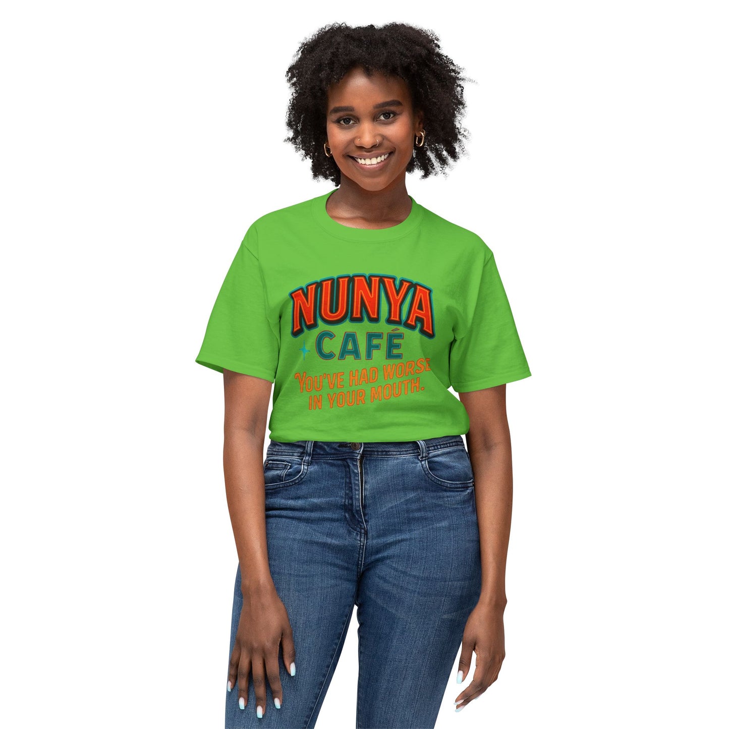 "Locally Grown” on BACK Tee - Nunya Café on Front
