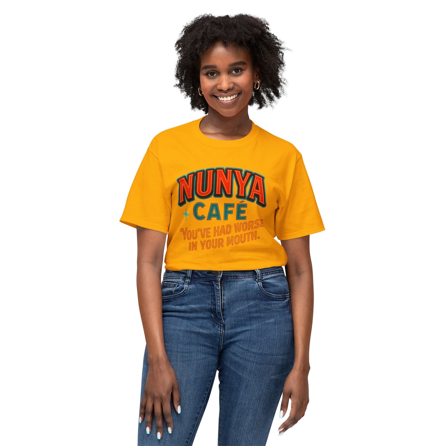 "Locally Grown” on BACK Tee - Nunya Café on Front