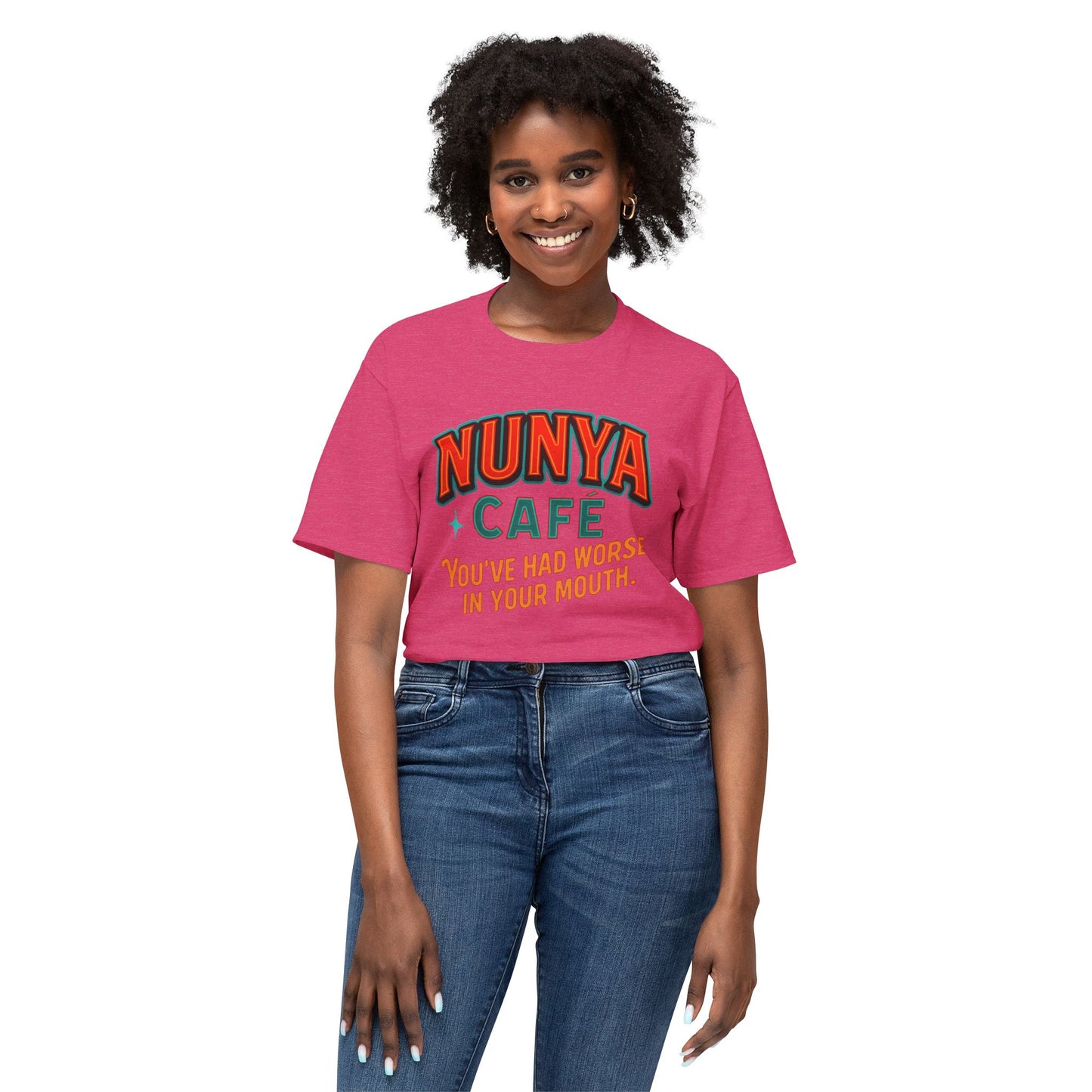 "Locally Grown” on BACK Tee - Nunya Café on Front