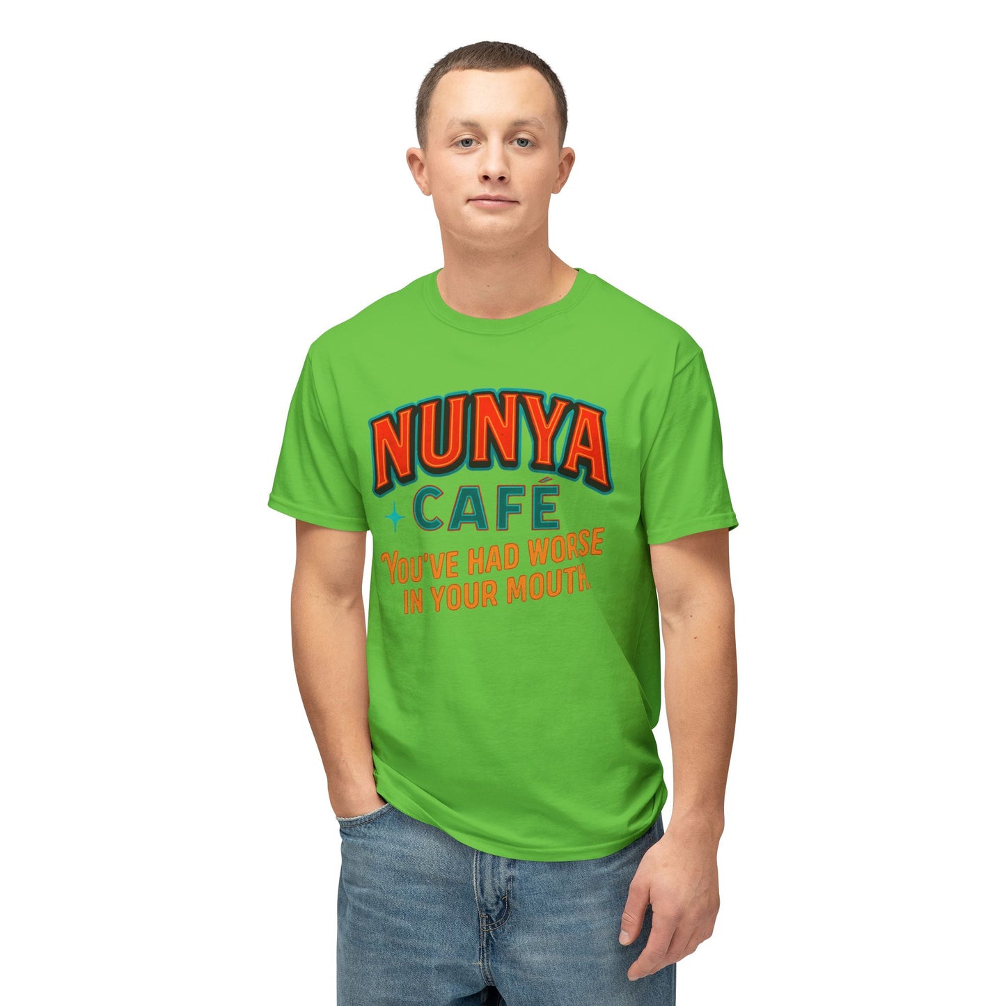 "Locally Grown” on BACK Tee - Nunya Café on Front
