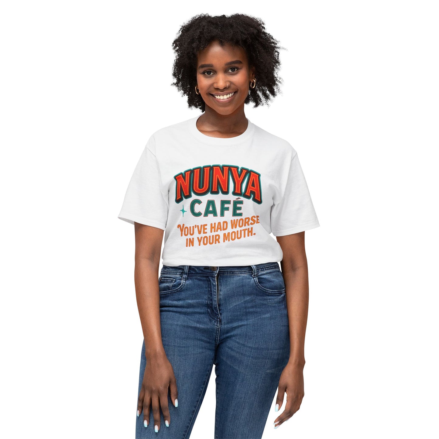 "Locally Grown” on BACK Tee - Nunya Café on Front