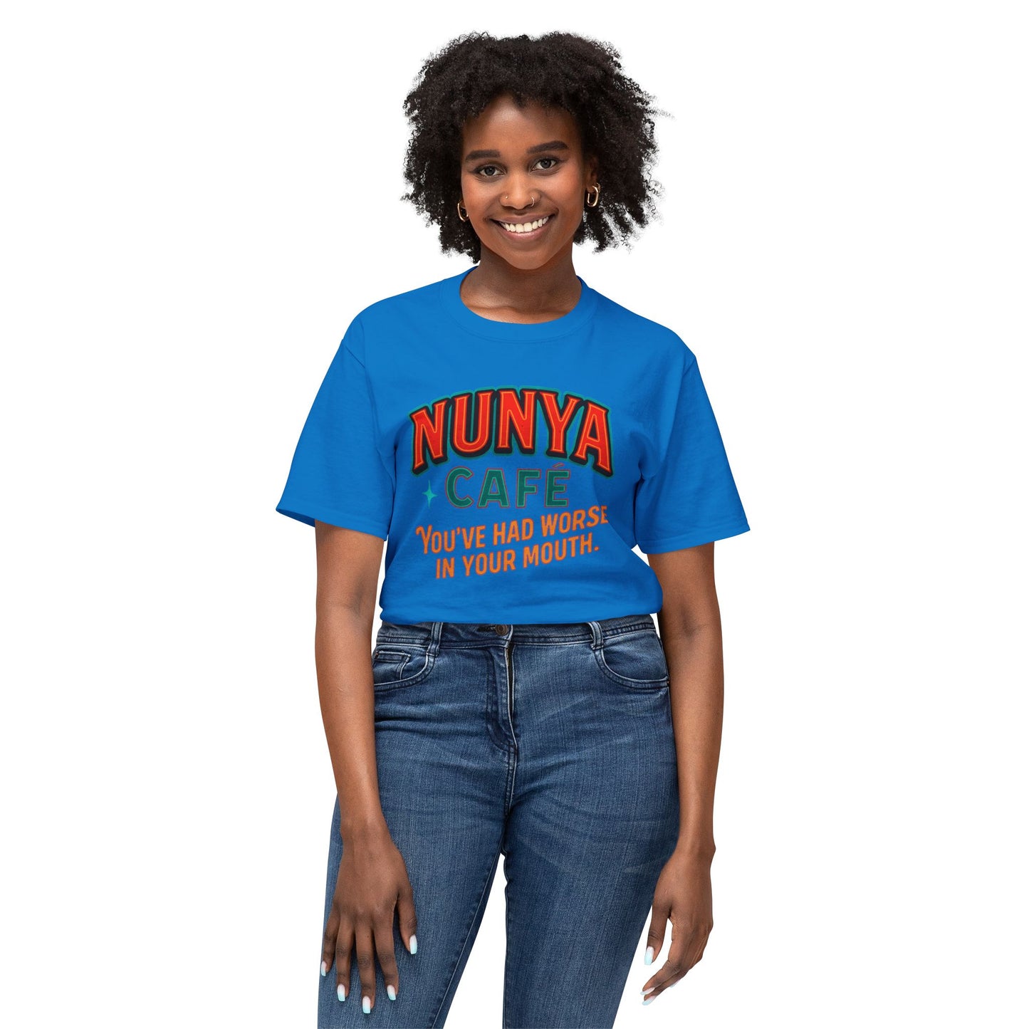 "Locally Grown” on BACK Tee - Nunya Café on Front