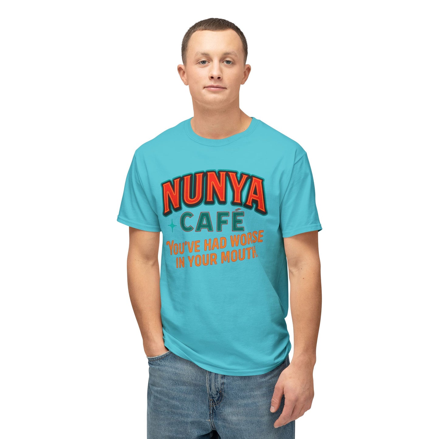 "Locally Grown” on BACK Tee - Nunya Café on Front