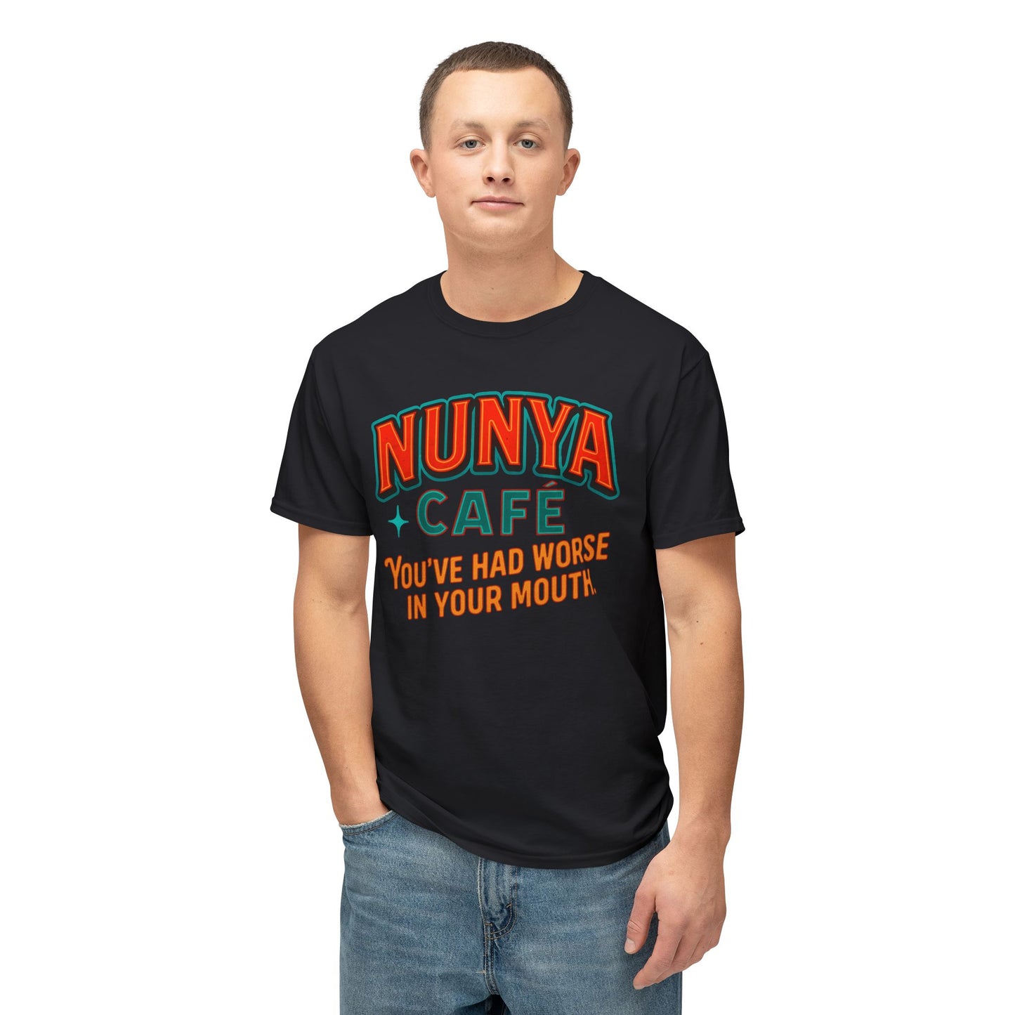"Locally Grown” on BACK Tee - Nunya Café on Front