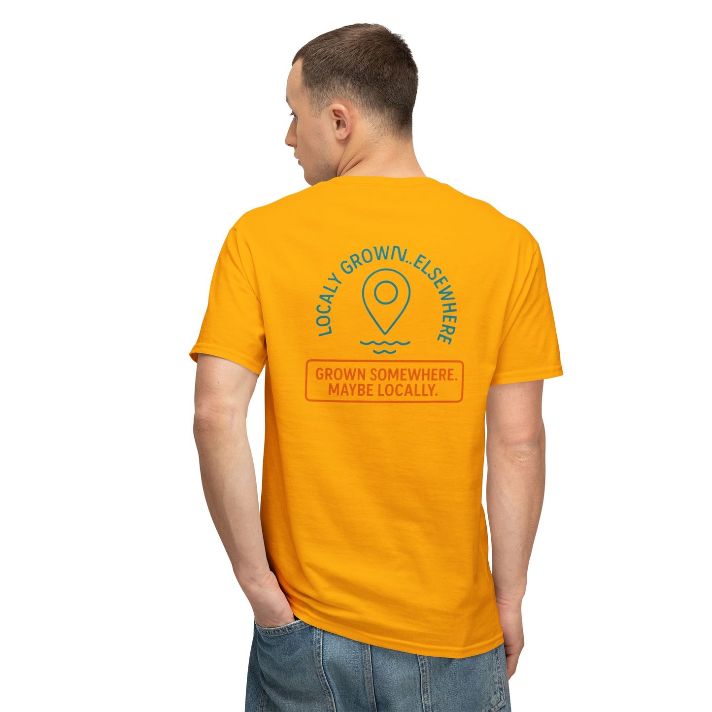 "Locally Grown” on BACK Tee - Nunya Café on Front