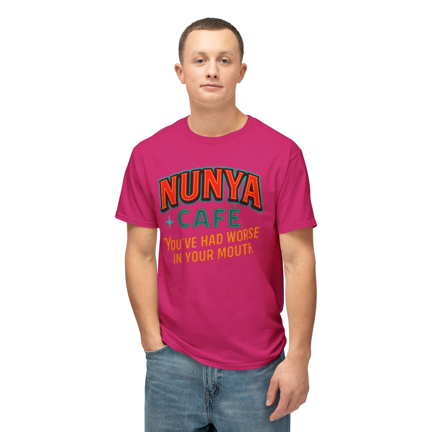 "Locally Grown” on BACK Tee - Nunya Café on Front