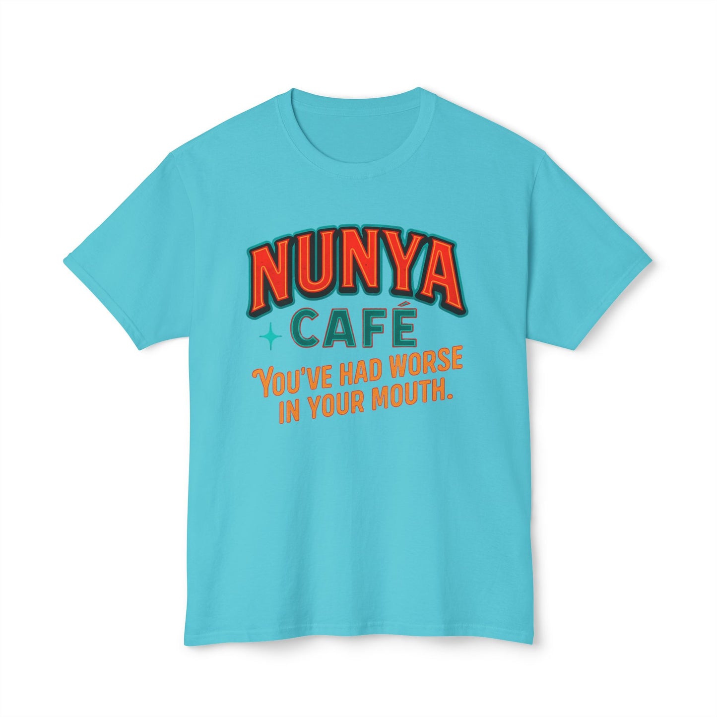 "Locally Grown” on BACK Tee - Nunya Café on Front