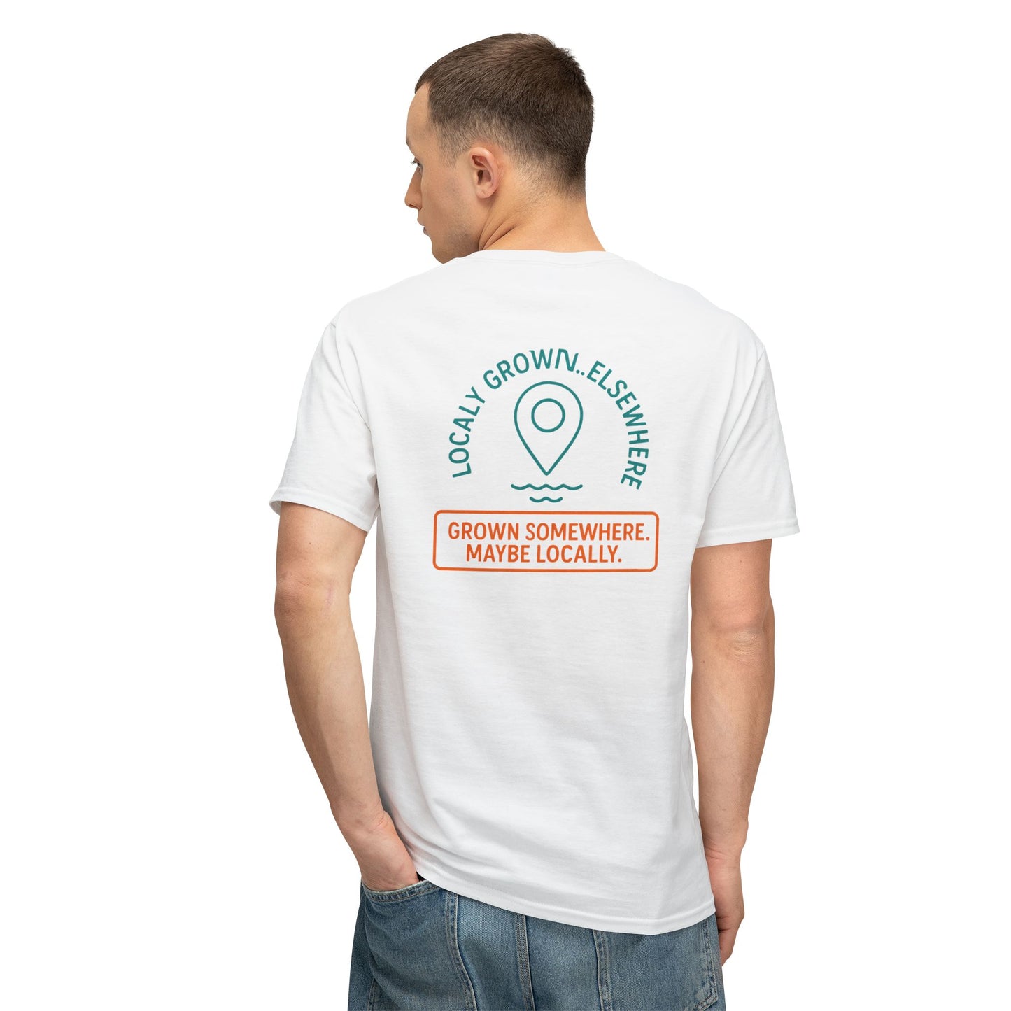 "Locally Grown” on BACK Tee - Nunya Café on Front