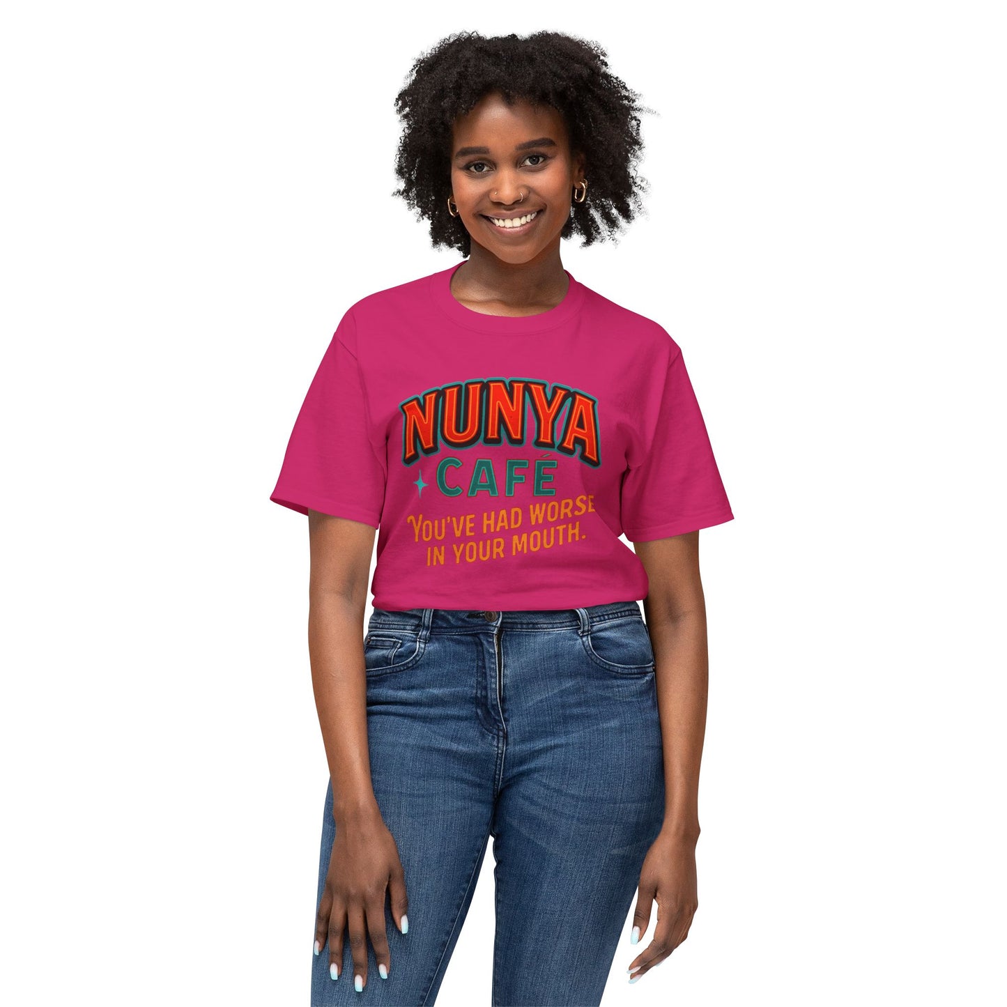 "Locally Grown” on BACK Tee - Nunya Café on Front