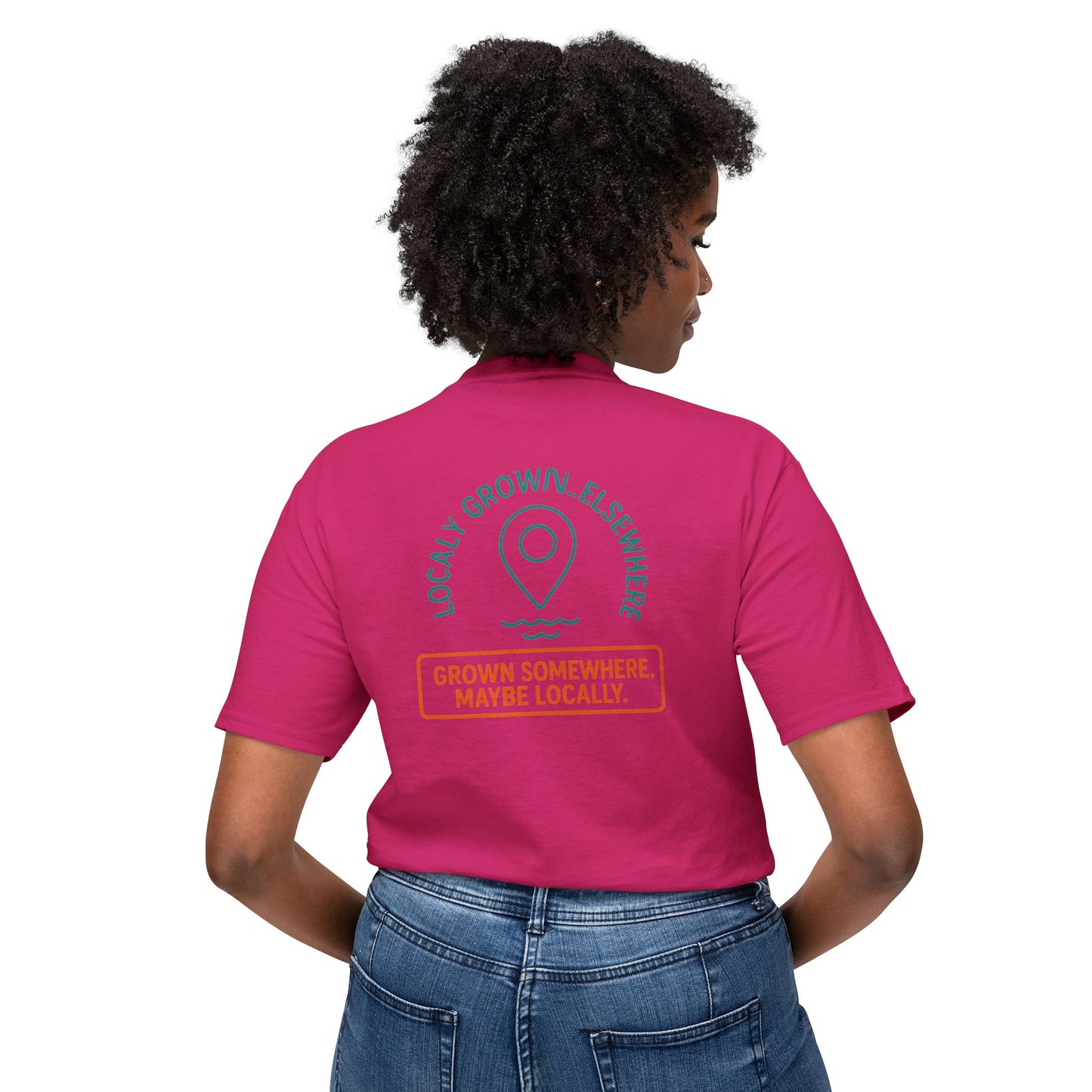 "Locally Grown” on BACK Tee - Nunya Café on Front