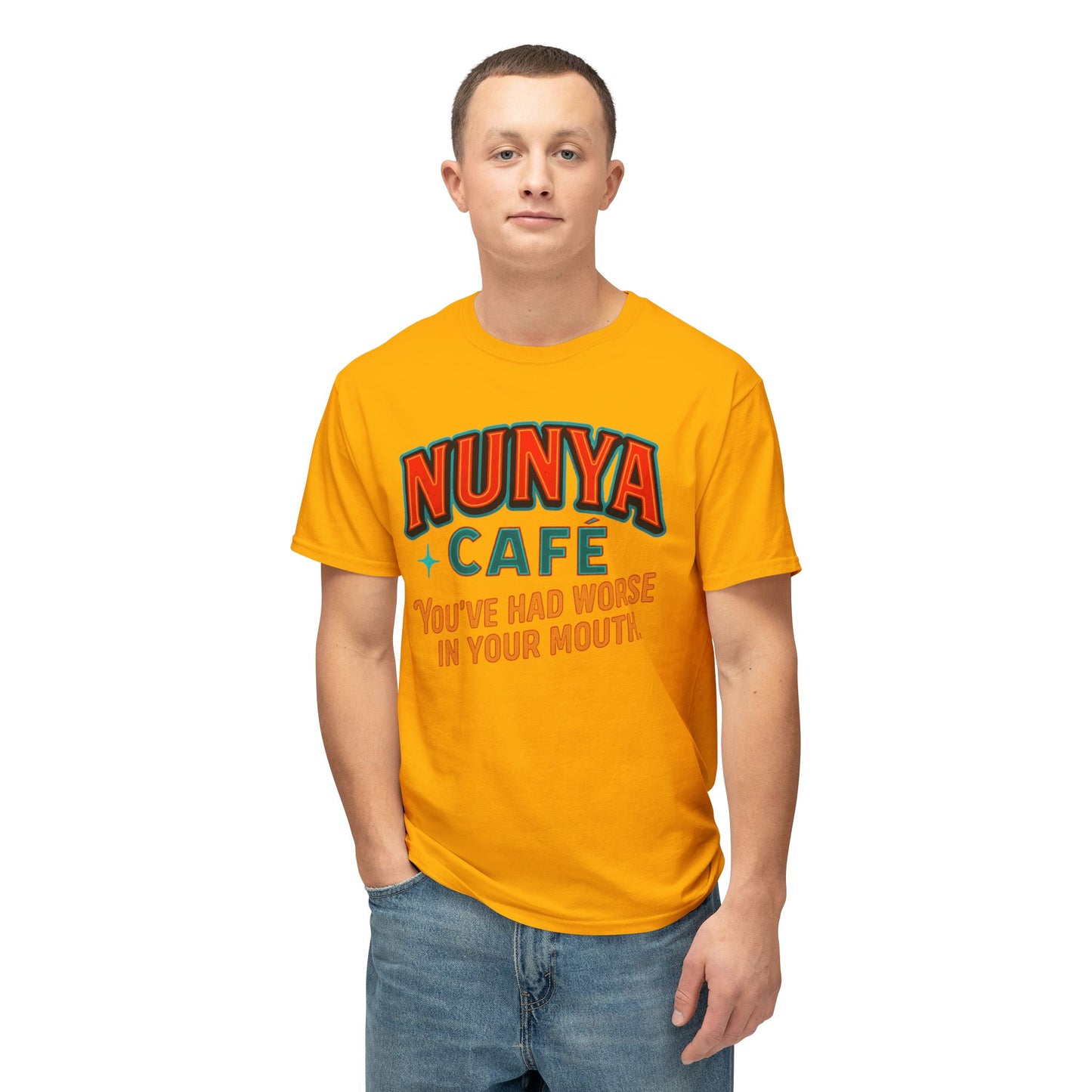 "Locally Grown” on BACK Tee - Nunya Café on Front