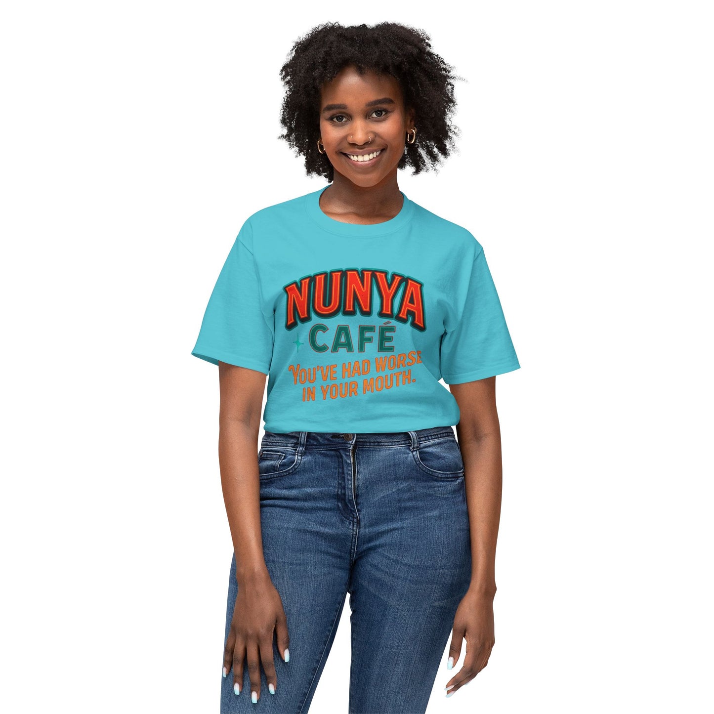 "Locally Grown” on BACK Tee - Nunya Café on Front
