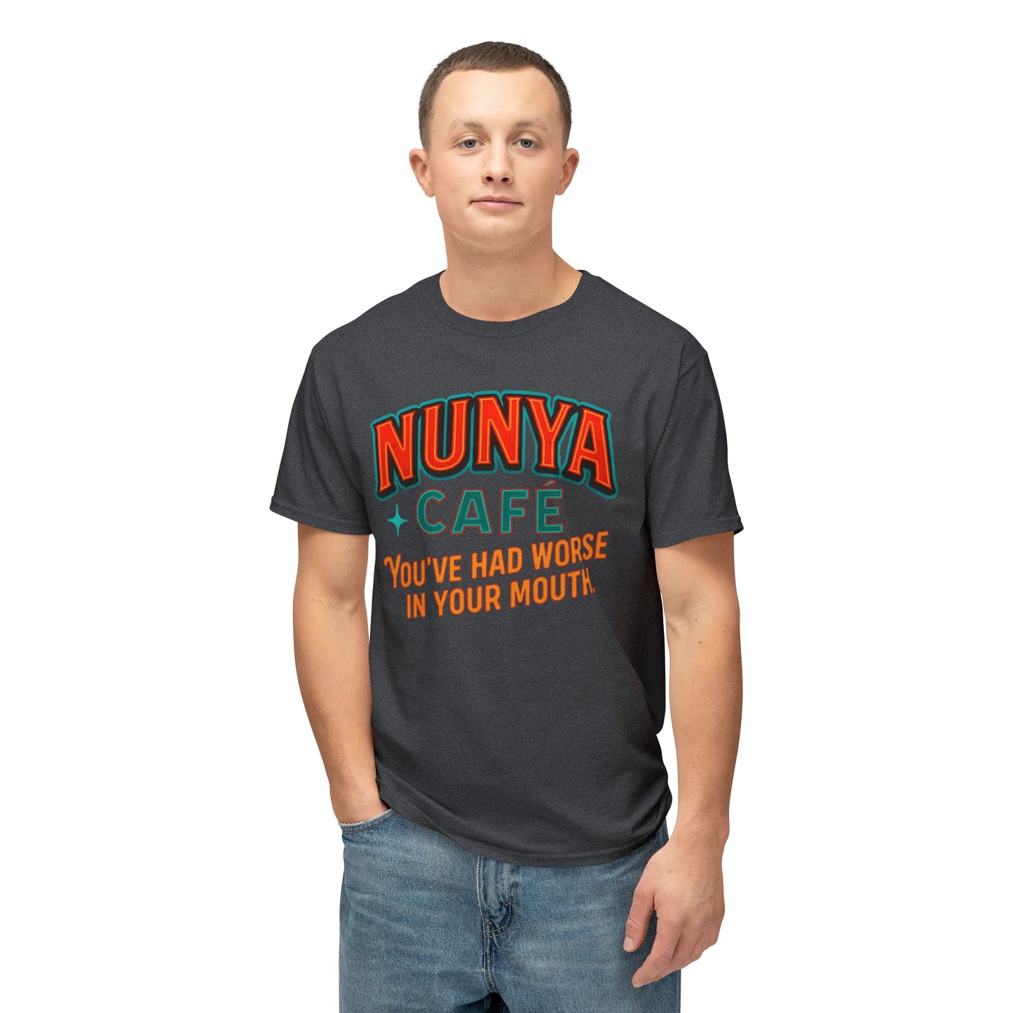 "Locally Grown” on BACK Tee - Nunya Café on Front