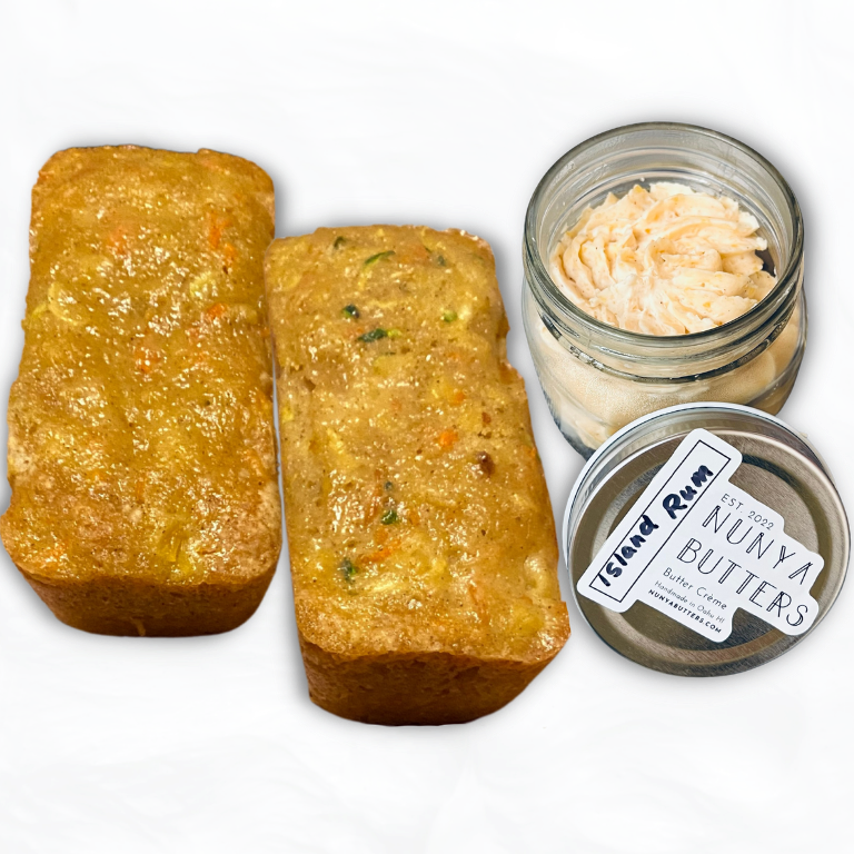 2 Spiced Carrot, Pineapple, Zucchini Breads with 1 Island Rum Butter